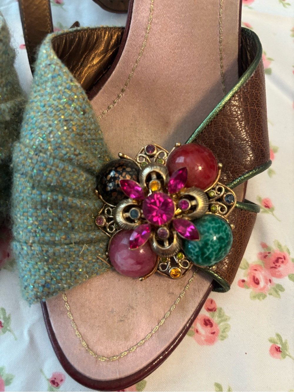 Rene Caovilla Y2K Brown Leather Heels Jewel Flower - Picture 2 of 5